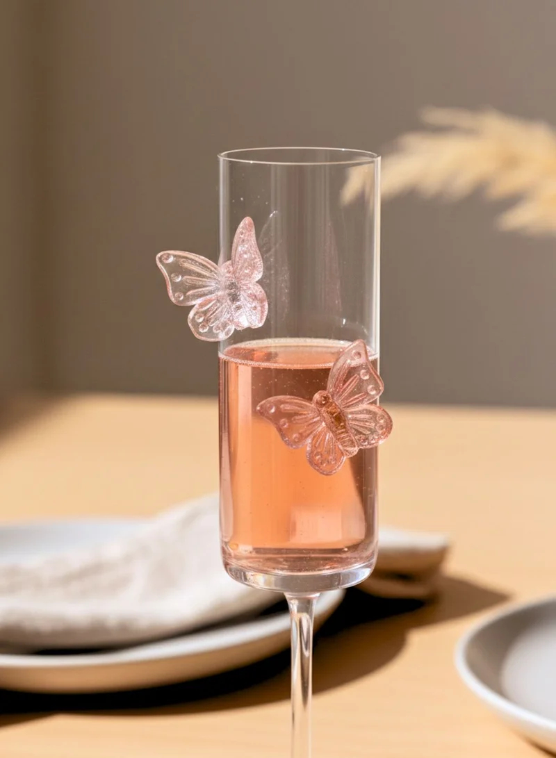 1Chase  Butterfly Champagne Glass Set of 2, Flute Shape Wine Glasses with Pink Butterfly Design, 180ML Elegant Glassware for Red & White Wine, Champagne & Sparkling Drinks  | Best Price UAE